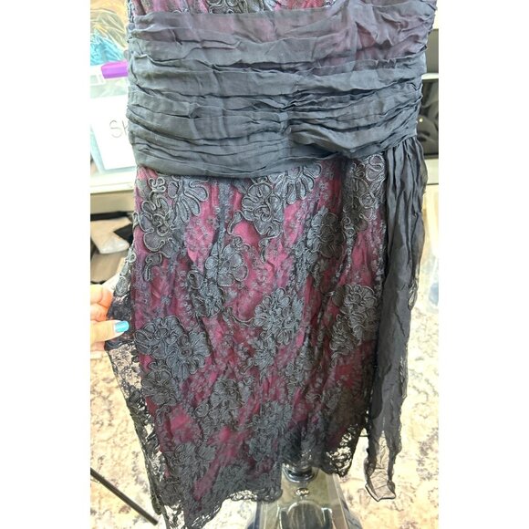 Vintage 50' s 60's Black Lace Overlay Burgundy Whimsygoth Crepey Delicate Floral - Picture 16 of 16